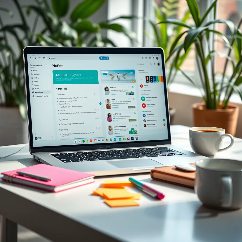 A bright workspace featuring a laptop screen with Notion open, displaying neatly organized tasks and notes. On the desk, there are colorful notebooks, sticky notes, and a cup of coffee. The background is a serene environment with plants, creating a calm and focused atmosphere.