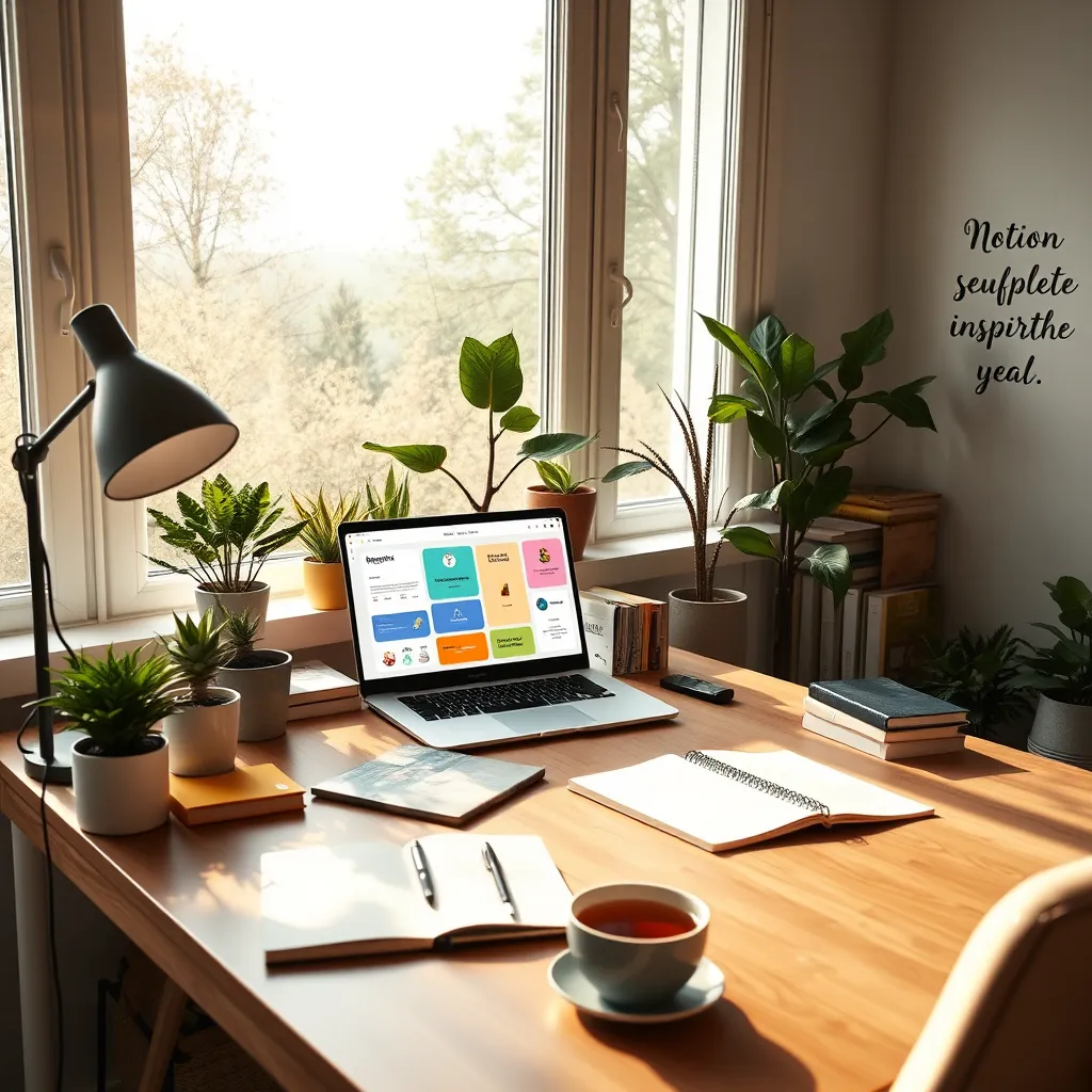 A cozy, modern office space filled with sunlight streaming through large windows, showcasing a neat and organized workspace. A sleek desk made of natural wood displays an open laptop with colorful Notion templates on the screen. Potted plants, books, and a stylish desk lamp create a warm, inviting atmosphere. The room is softly illuminated, enhancing the calm mood. A comfortable chair, a notepad filled with handwritten notes, and a cup of herbal tea illustrate a productive and focused environment. The color palette comprises earthy tones with pops of vibrant colors from the workspace items. The scene is captured from a slightly elevated angle, emphasizing the organized desk in the foreground, while an inspiring quote on the wall adds motivation. This hyperrealistic image has 8K resolution to showcase intricate details and textures.