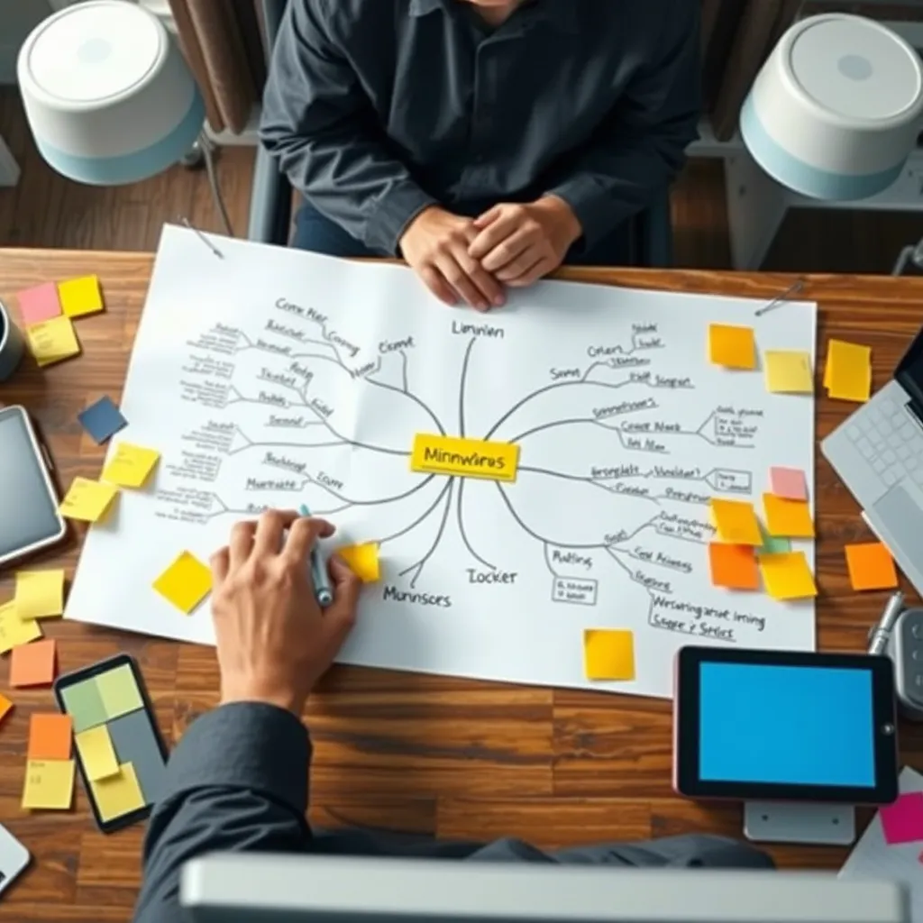 A detailed image of a person sitting at a desk, creating a mind map on a large sheet of paper, with colorful branches and keywords. Surrounding them are sticky notes and digital devices, showcasing an engaging brainstorming environment.