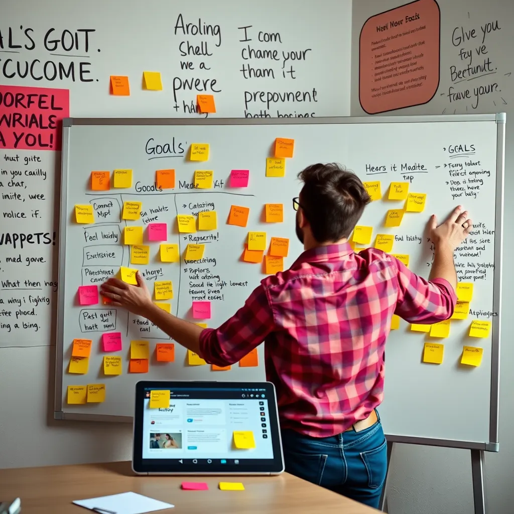 A person enthusiastically mapping out goals on a whiteboard, surrounded by sticky notes and a digital tablet with a goal-tracking app open. The room is filled with inspirational quotes and vibrant colors, symbolizing ambition and clarity of purpose.