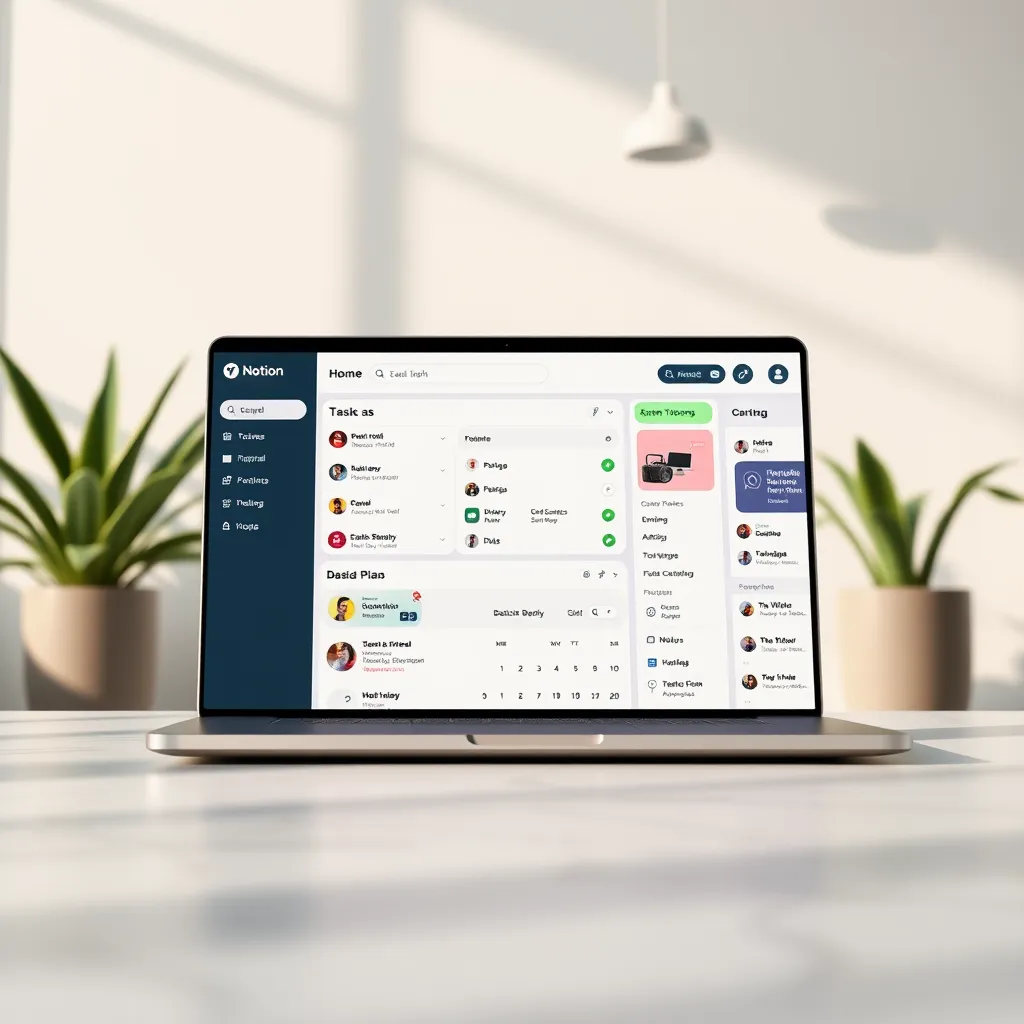 A sleek digital dashboard from Notion on a modern laptop, displaying neatly organized tasks, notes, and plans. The background features a minimalistic and stylish workspace with plants and soft lighting, evoking a sense of peace and clarity.