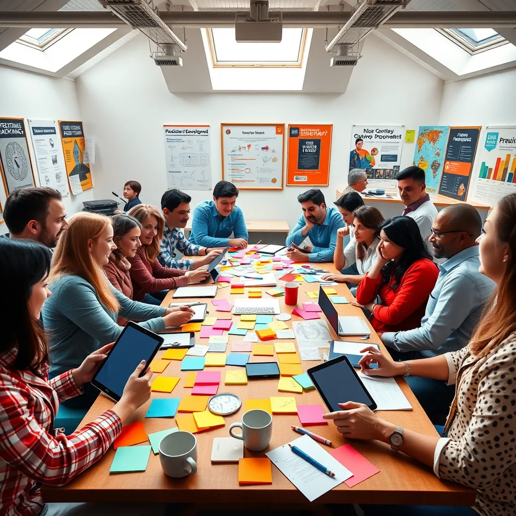 A vibrant workshop setting filled with enthusiastic participants collaborating around a large interactive table cluttered with colorful sticky notes, notebooks, and digital devices displaying various productivity apps. The room is illuminated by bright, natural light streaming in through skylights, creating an energizing ambiance. The walls are adorned with motivational posters and infographics about brain development. Participants, diverse in age and background, engage animatedly in discussions, exuding energy and creativity. The image should be shot from a wide-angle perspective to capture the dynamic interactions, displaying a sense of community. Rich color tones highlight enthusiasm and creativity, while details like colorful markers, tablets, and coffee cups on the table add richness to the environment. The composition should be ultra-detailed, showcasing every aspect of collaboration and innovation in 8K resolution.