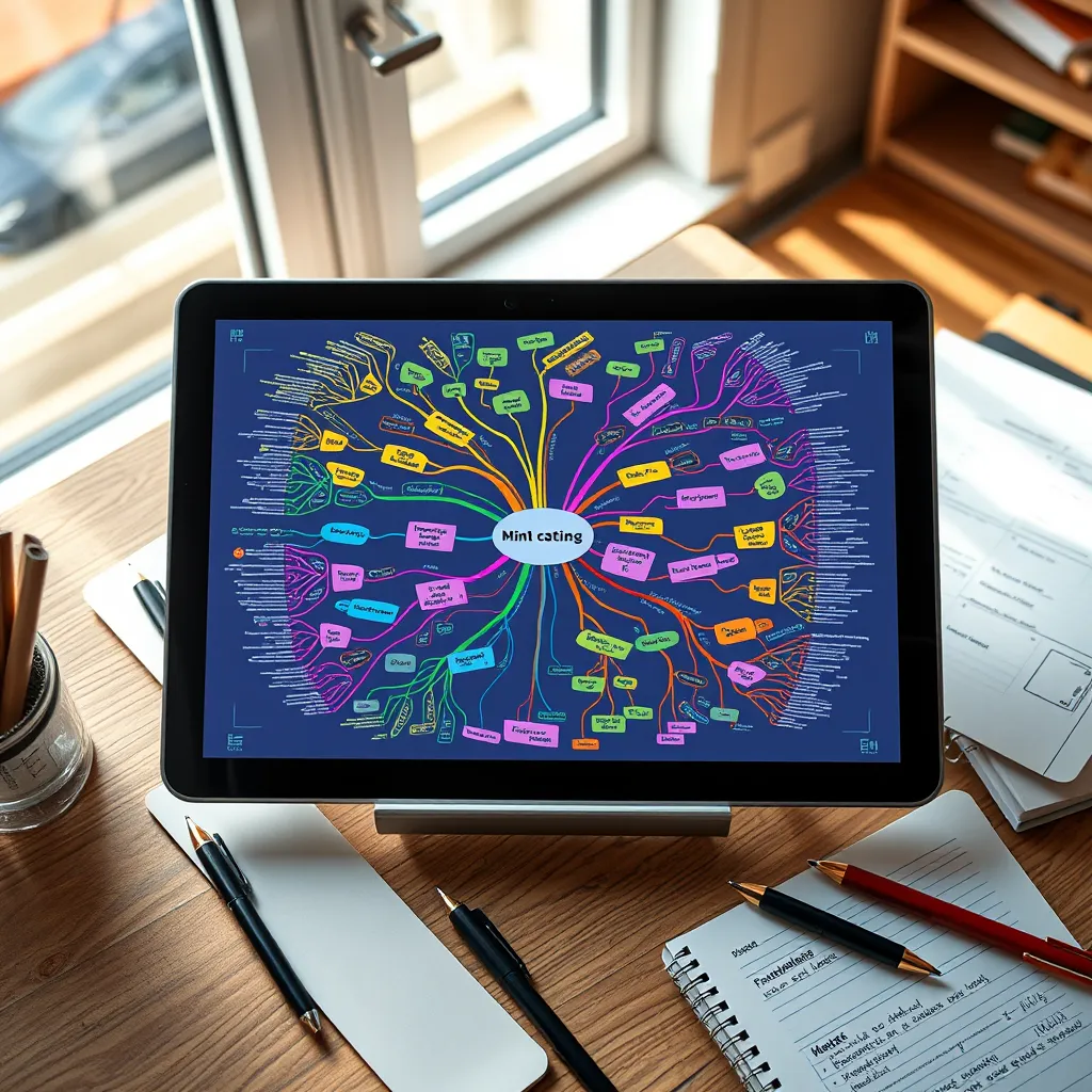An aerial view of a vibrant mind map displayed on a tablet screen, showcasing colorful branches connecting various concepts. The workspace includes notebooks and pens, with light streaming through a window, creating an inviting atmosphere for creativity.