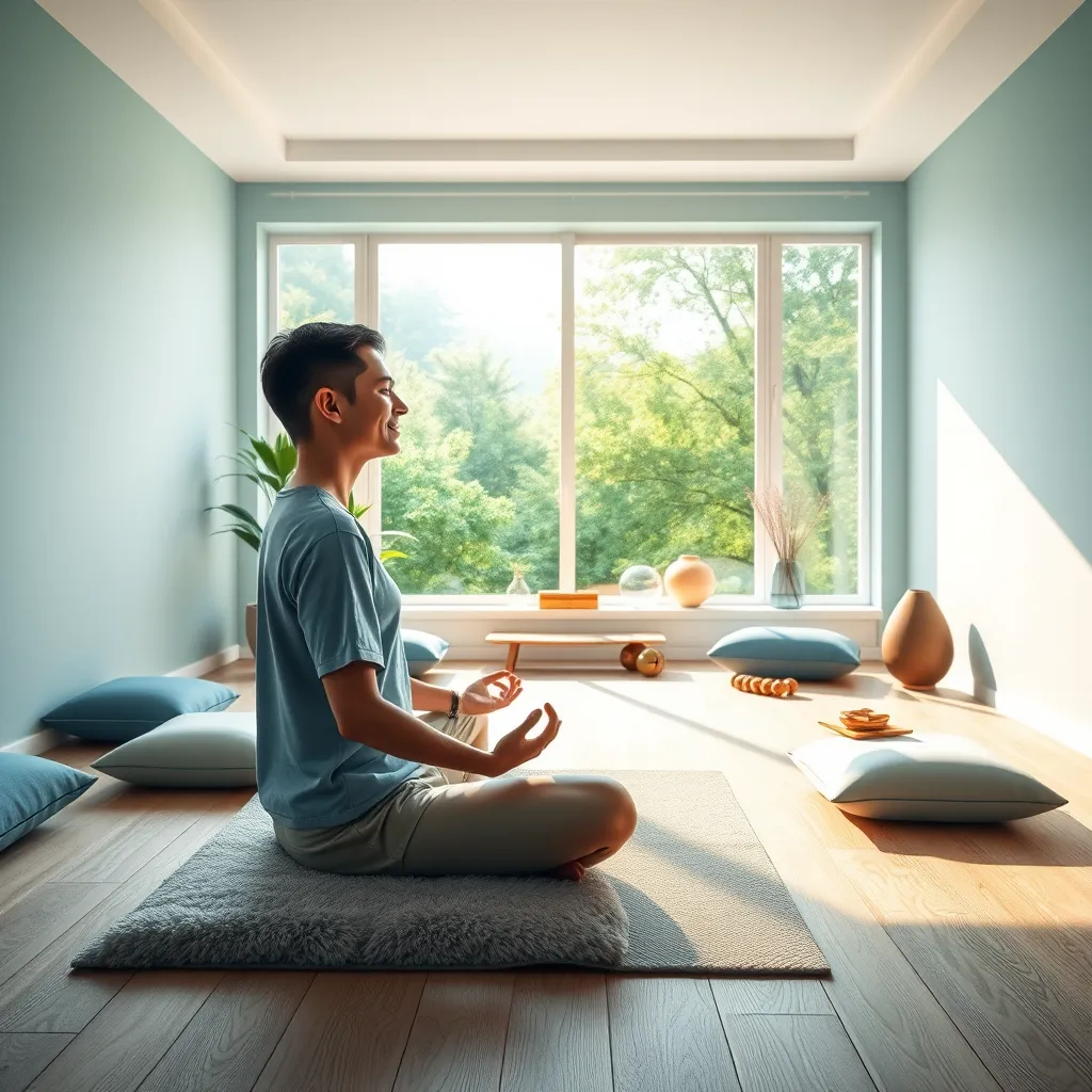 An inspiring meditation space bathed in soft diffused lighting, featuring a person meditating on a plush yoga mat surrounded by cushions. The room is decorated with calming blue and green hues, enhancing tranquility. A large window reveals a serene outdoor view of lush greenery and gentle sunlight filtering in. Various mindfulness tools, such as meditation bells and aroma diffusers, are artfully arranged around. The composition captures the person in a side view, with a gentle smile, illustrating serene focus and clarity. The floor features textured wooden panels, creating warmth. The image oozes calmness with a slight dreamlike quality, perfect for conveying mental engagement. Rendered in ultra-detailed 8K resolution, this scene should evoke peace and concentration.